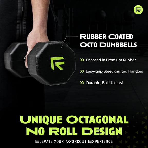 Octagon Rubber Coated Dumbbell Set - No Roll Design Easy-Grip Steel Handle for Strength Training Home Gym - 45 LB