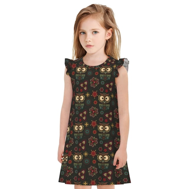 Vsdgher Chemises de Nuit Boho Hibou pour Filles Manches Courtes à Volants Robe de Nuit Pyjama pour Fête de Pyjama-Petit