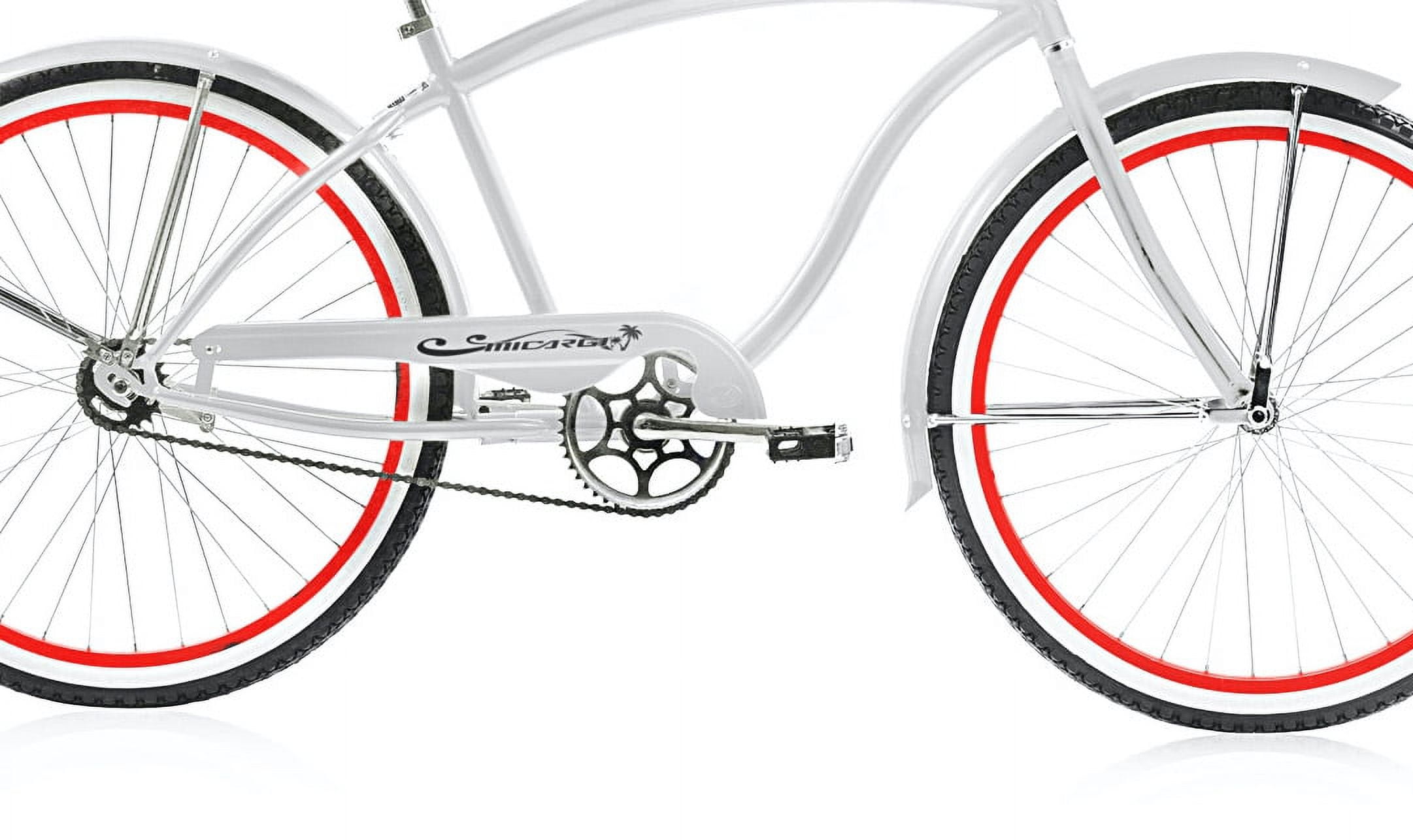 Wonder Wheels 26 In. Beach Cruiser Coaster Brake Single Speed Bicycle, Bike, Stainless Steel Spokes One Piece Crank Alloy Red Rims 36 H With Fenders - White/ Red Rim