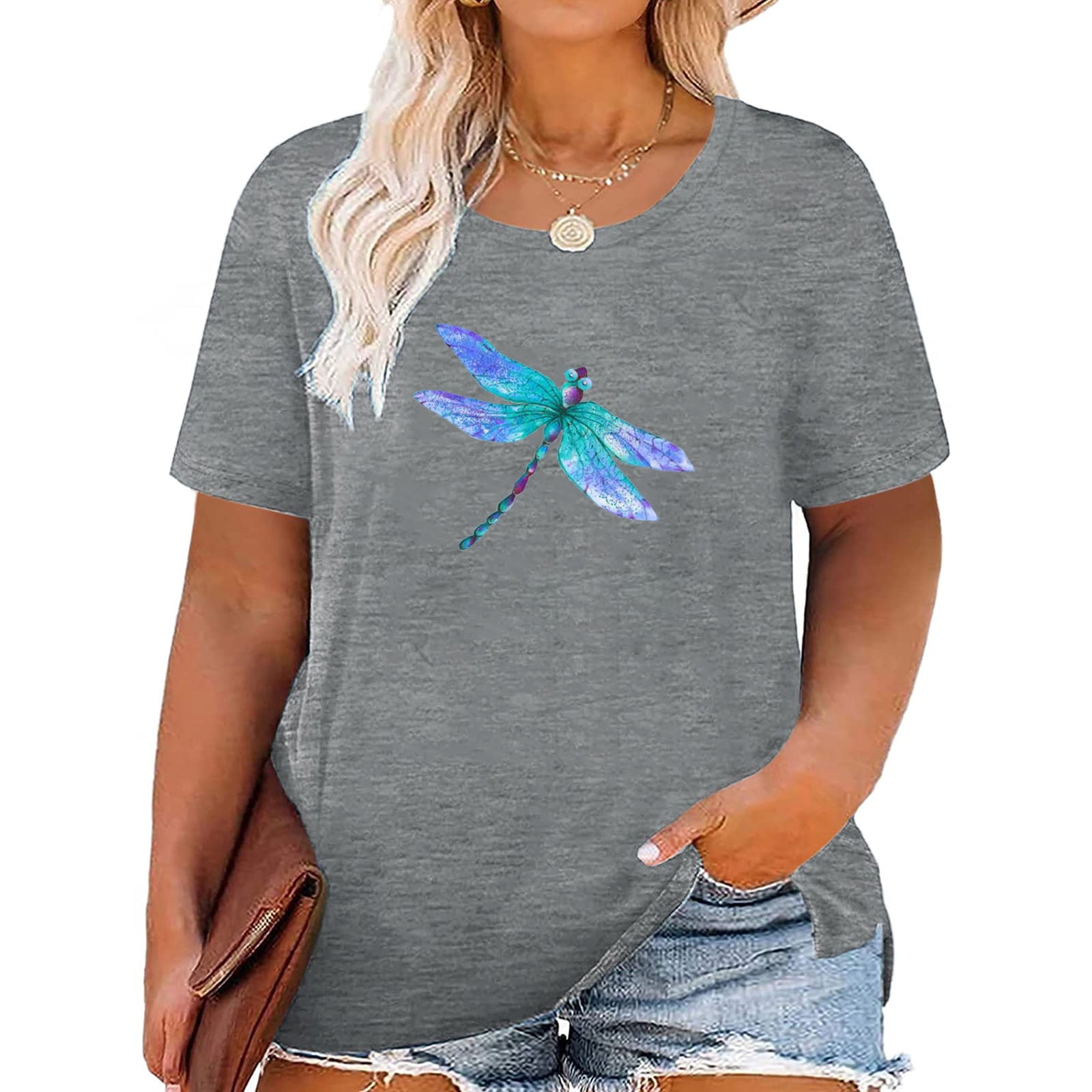 Anbech Women's Dragonfly Tee Shirts Plus Size Graphic Tshirts Flower ...