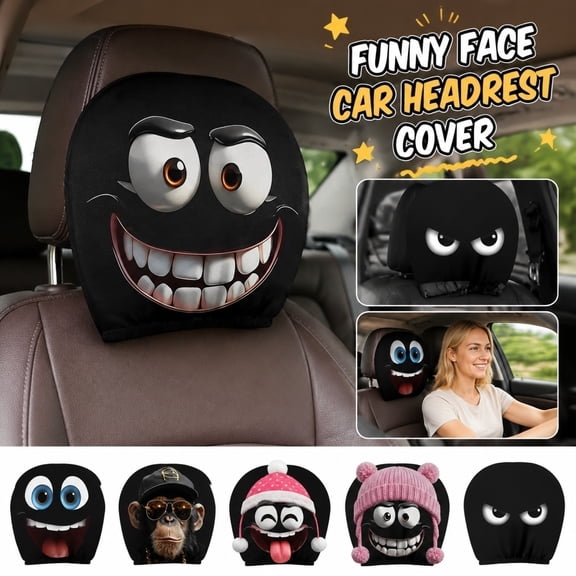 2 Pack Car Headrest Covers, 24×26cm Funny Cartoon Print Polyester Headrest Protector - Style 1