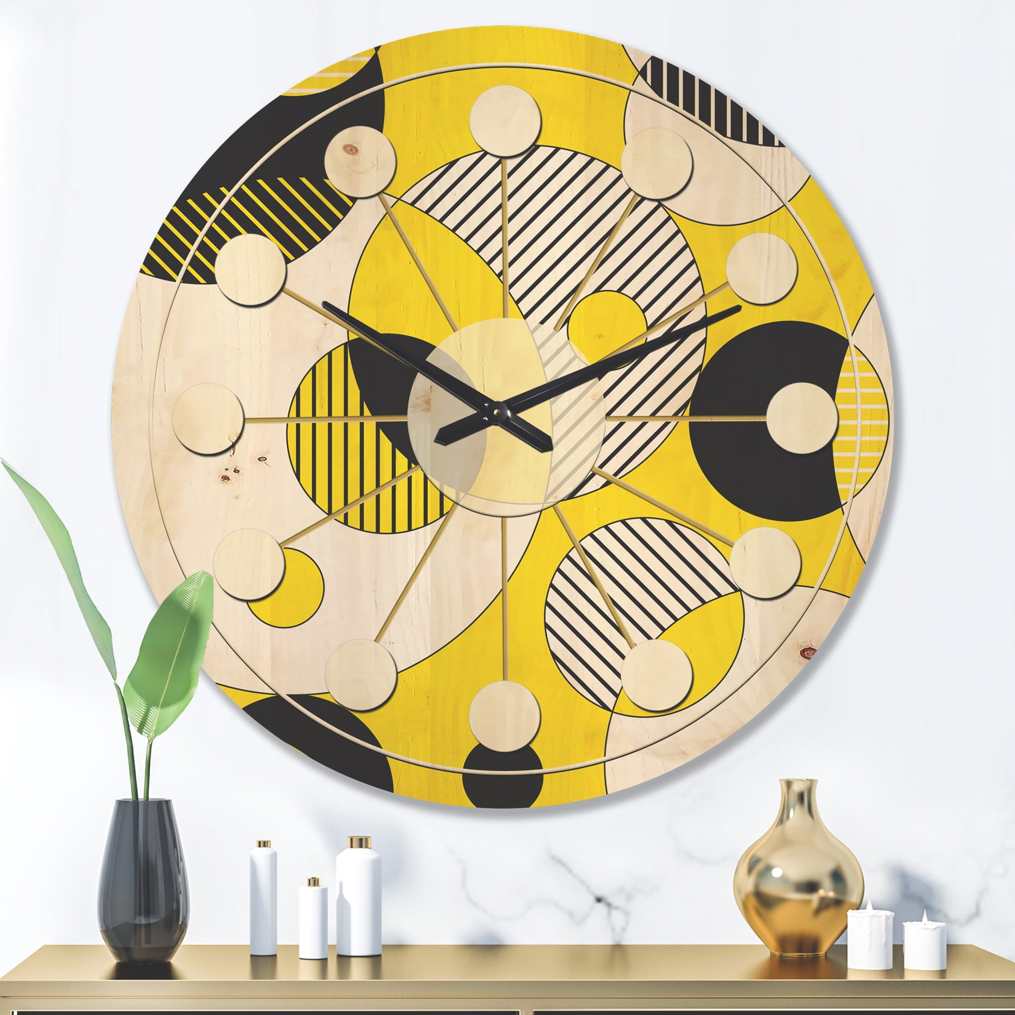 Designart 'Circular Abstract Retro Pattern Geometric I' Mid-Century Modern Wood Wall Clock