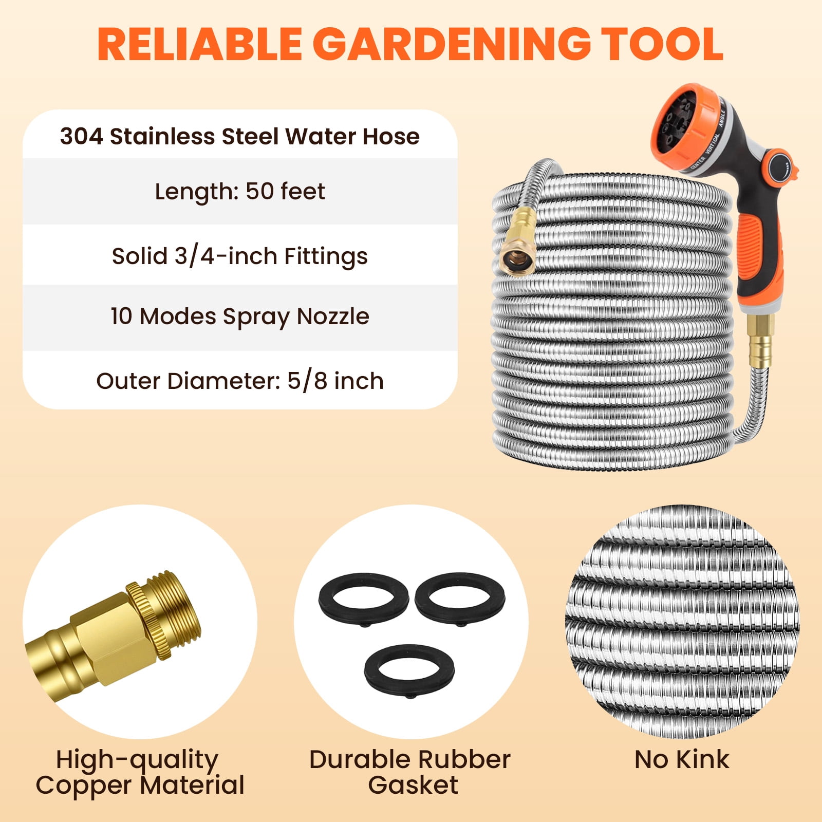 KOYMISKU Garden Hose 50FT, Stainless Steel Water Hoses with 10-Mode Nozzle Sprayer, Tangle Free Water Pipe for Yard Outdoor