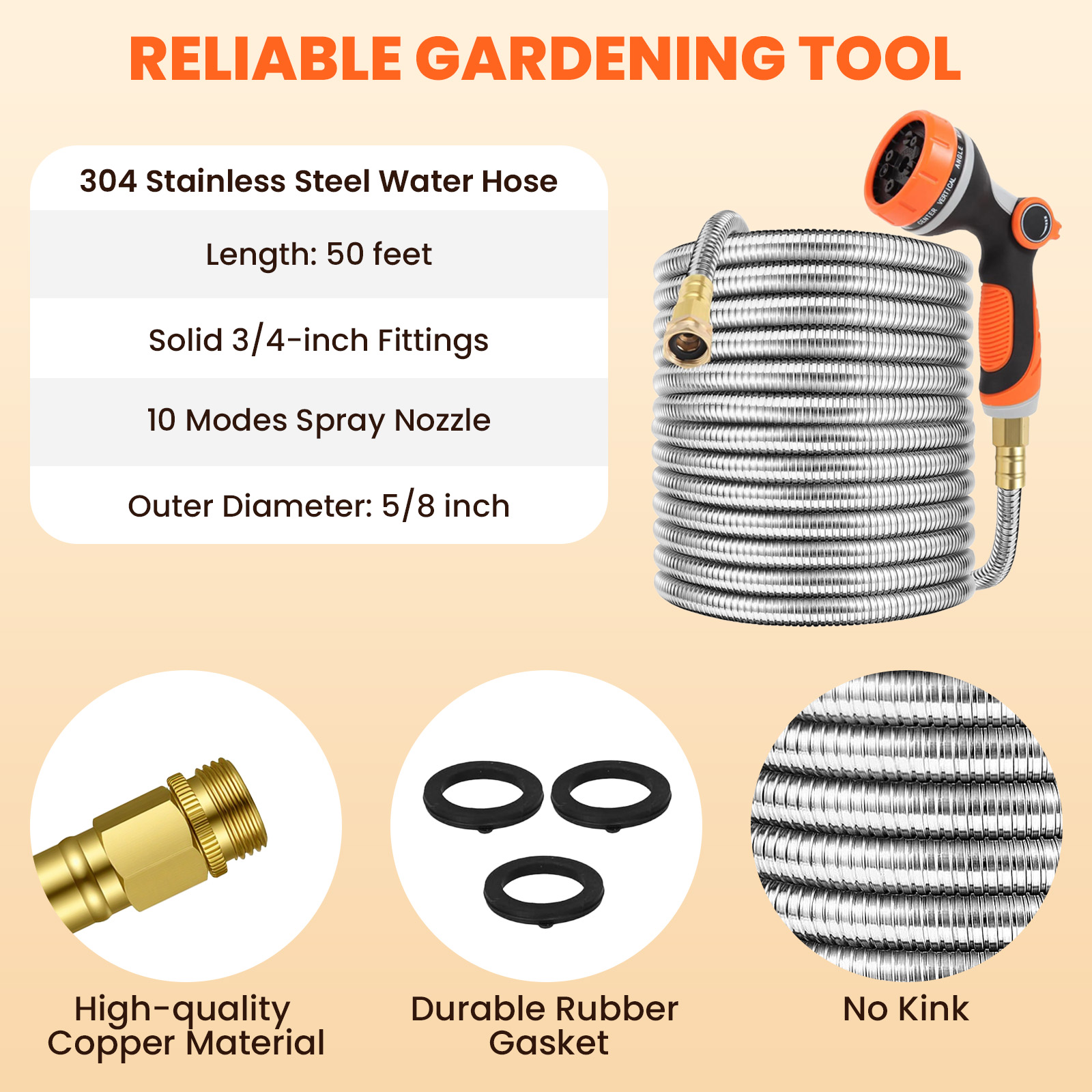 KOYMISKU 50 Ft Stainless Steel Metal Garden Hose with 10-Mode Nozzle photo 7