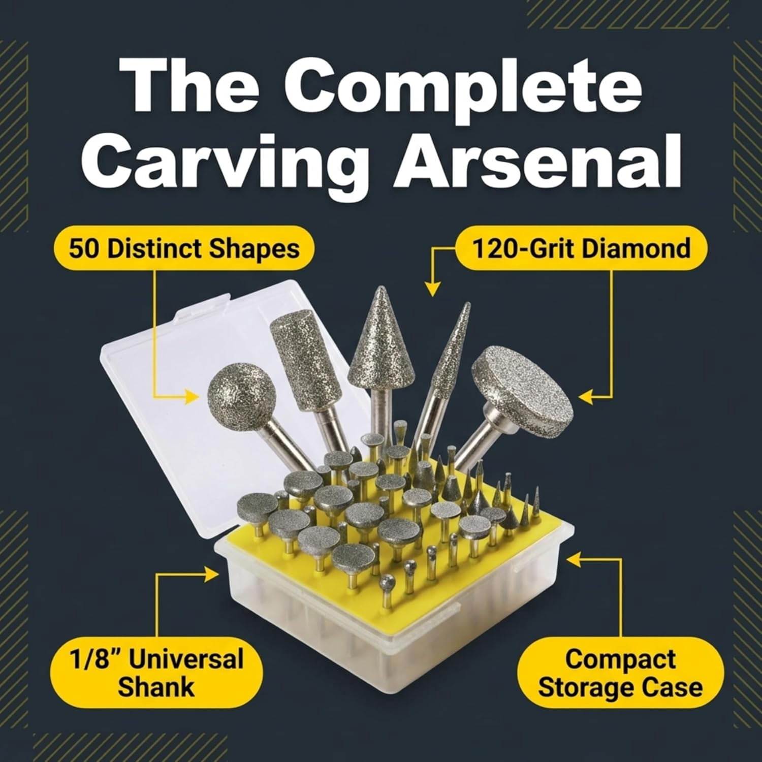 Drilax 50 Pc Diamond Rotary Tool Bits Set, 120 Grit Carving Engraving Burr Kit, 1/8 Inch Shank