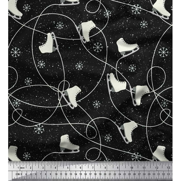 Soimoi Black Cotton Duck Fabric Snow Flake & Ice Skates Travel Fabric Prints By Yard 42 Inch Wide