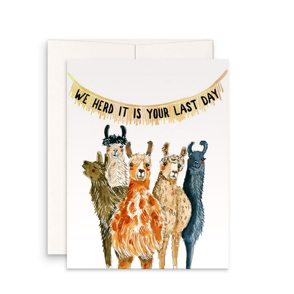 Funny Llama Themed Goodbye Card – "We Herd It Is Your Last Day" Design – Envelope Included, Blank Inside – Perfect for Farewell, Friends, Coworkers, Boss, or Retirement