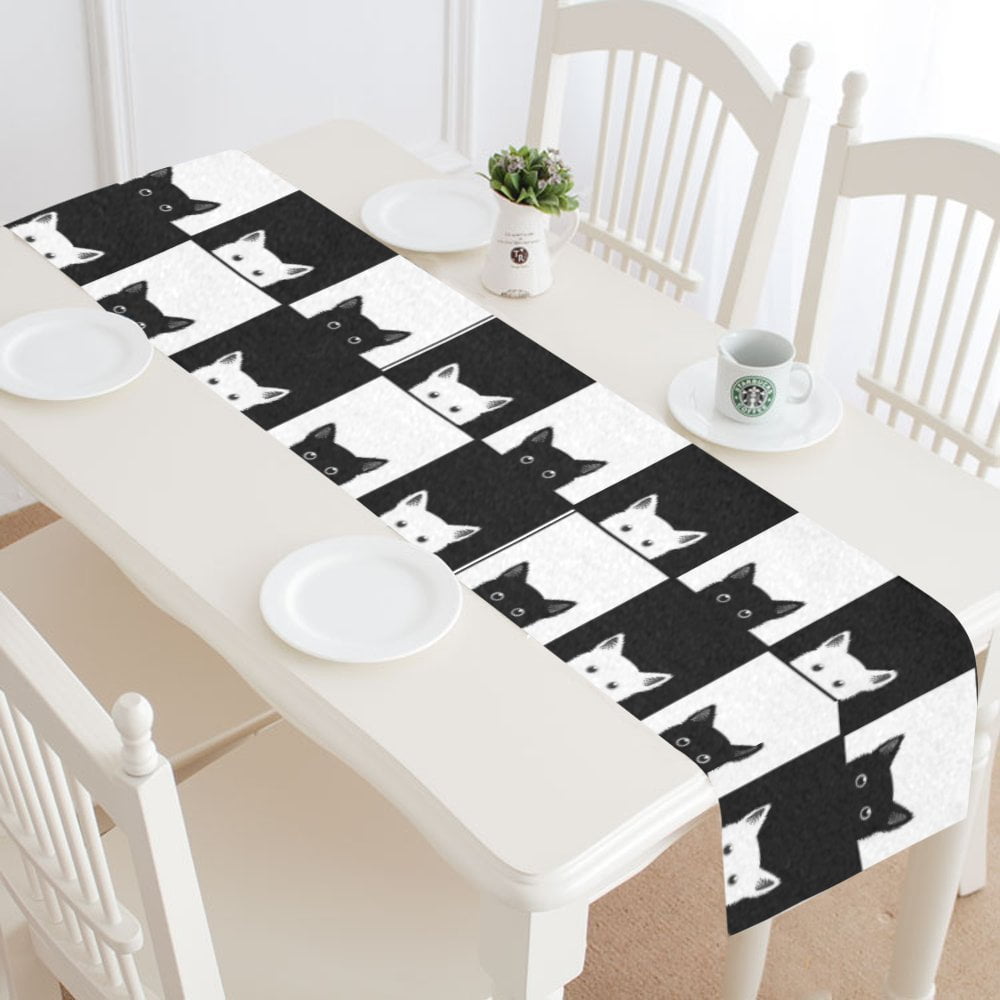 MKHERT Black White Cat Table Runner for Wedding Party Banquet