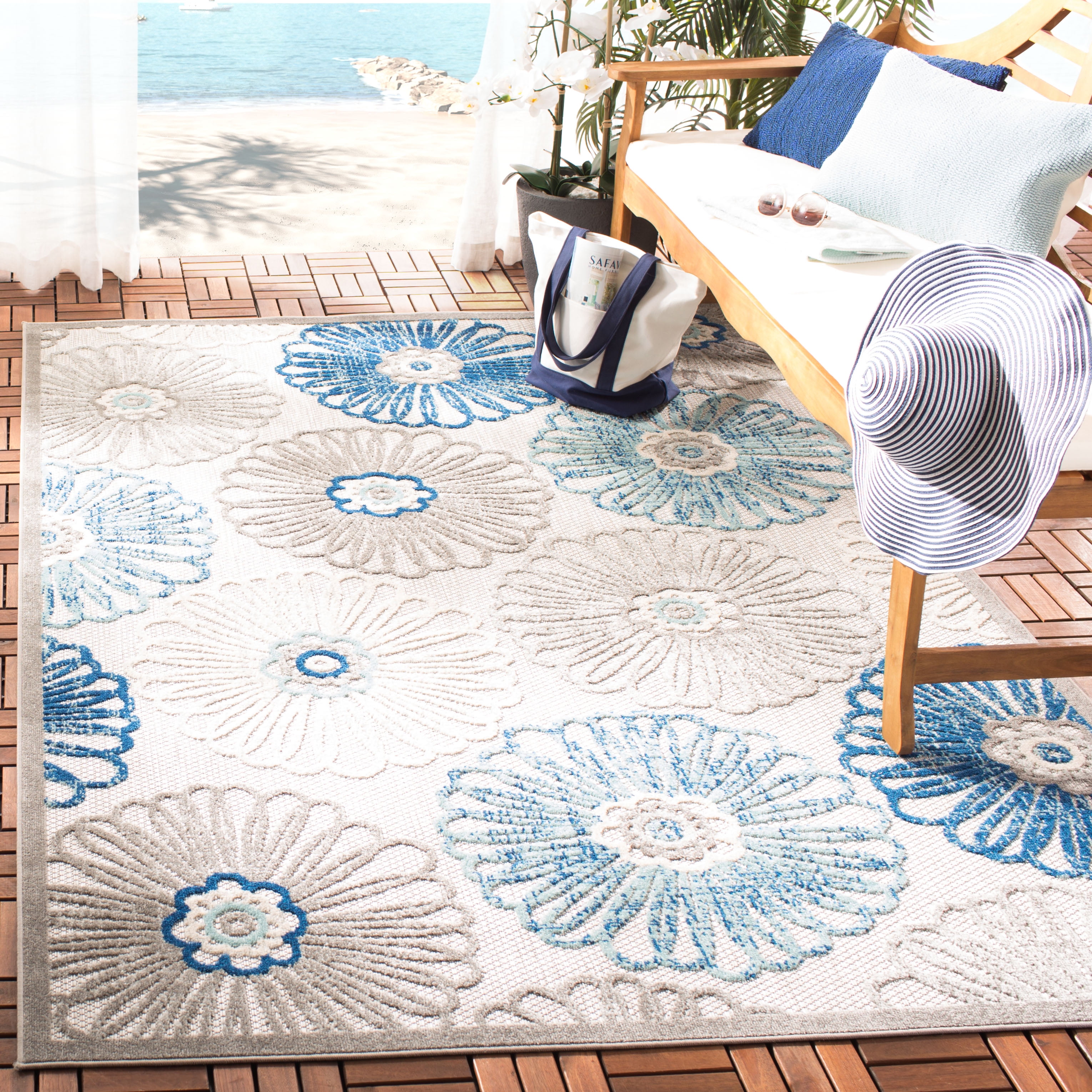 SAFAVIEH Cabana Aria Cream/Red 2'X8' Runner Indoor/Outdoor Area Rug Grey/Blue, 5'3" x 7'6"