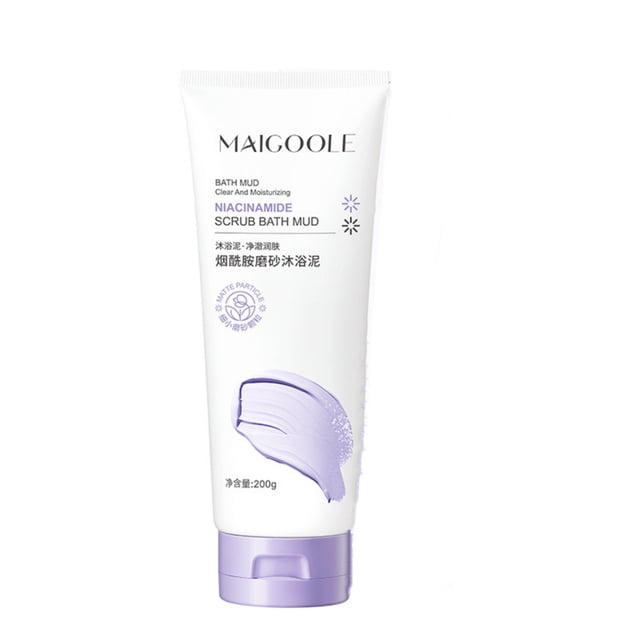 exfoliante corporal hidratante y exfoliante para cuerpo, rostro, manos y pies. combate líneas de expresión y arrugas. ideal como regalo. exfoliante de sal. Tubo frontal blanco de 200 g con tapa lila y brochazo lavanda impreso, texto de marca visible, dimensiones 25x5x5 cm; uso recomendado masaje circular sobre piel humedecida para exfoliar e hidratar, y a menudo se regala como detalle personal.