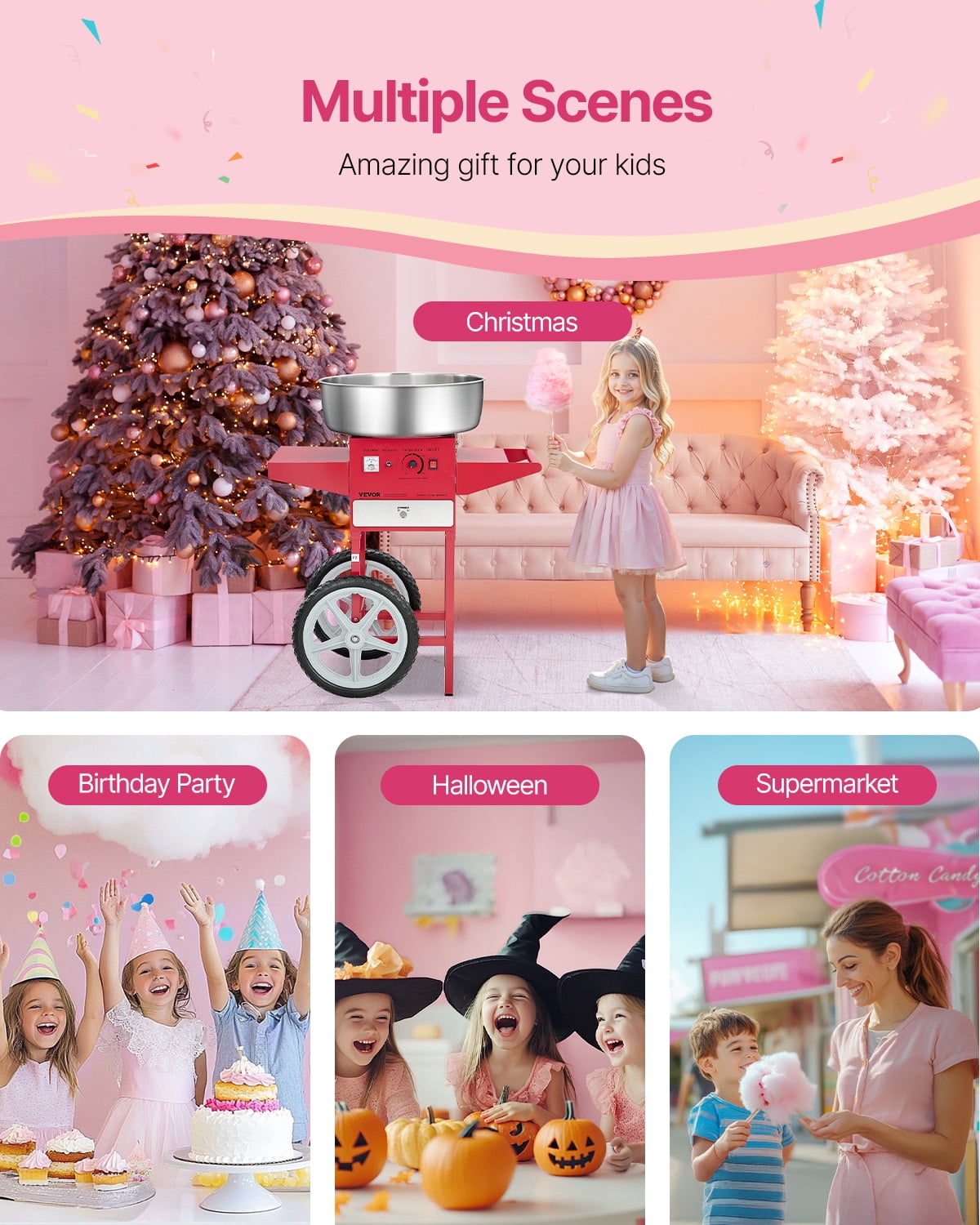 VEVOR Electric Cotton Candy Machine with Cart, 1000W Commercial Candy Floss Maker with 20.5 in Stainless Steel Bowl, Sugar Scoop, and Drawer, Easy to Use, for Home, Kids Birthday, Family Party, Red
