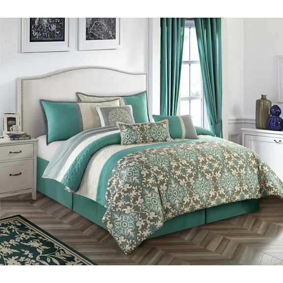 Nanshing Reina 7 Piece Traditional Damask Comforter Set, Teal, California King