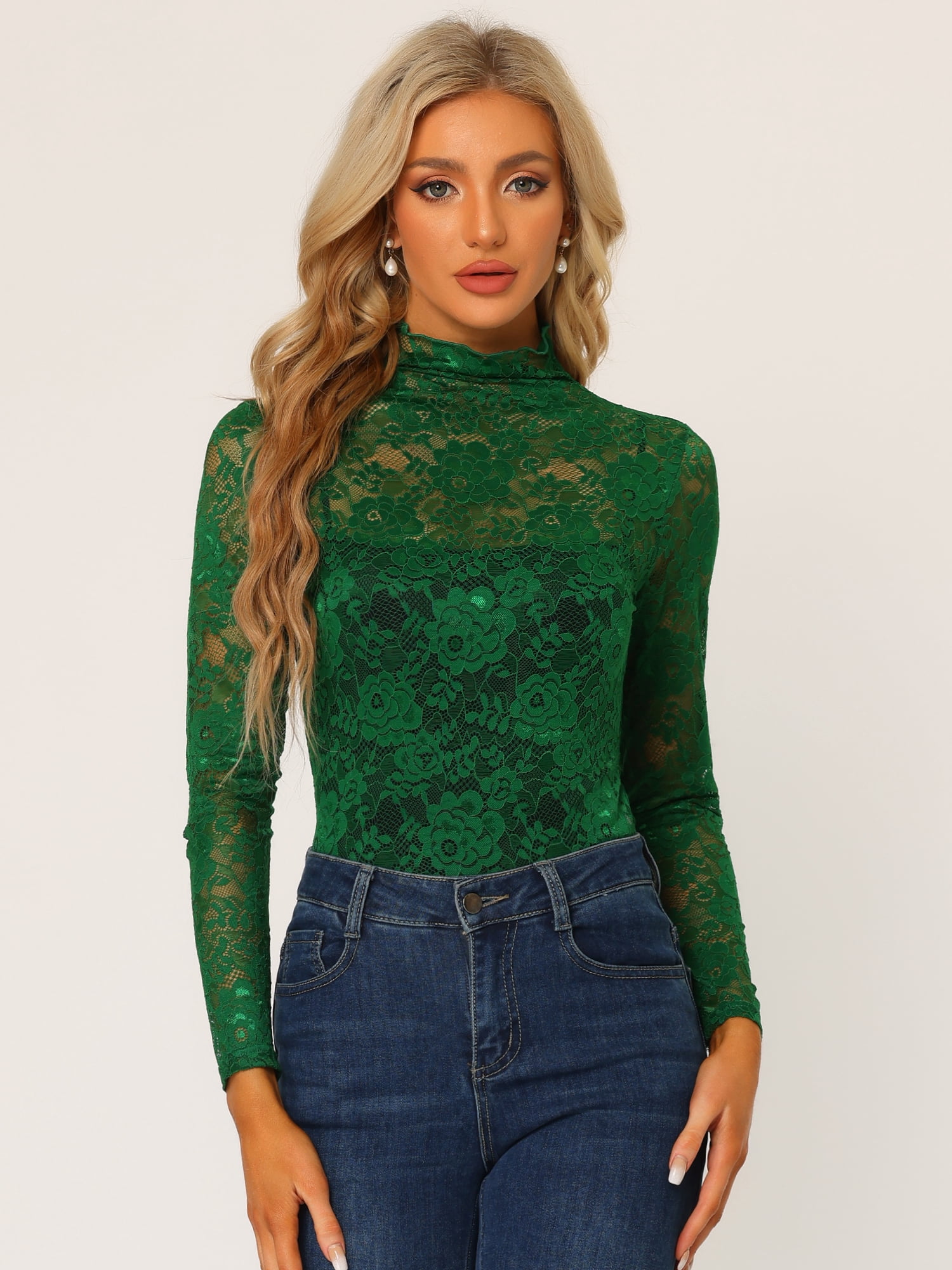 DARING DIVA Women's Long Sleeve Mock Neck Floral Lace Blouse Top XL Dark Green