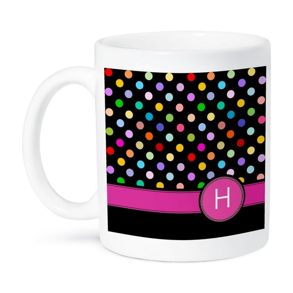 3dRose, Letter H monogrammed on rainbow polka dots pattern with hot pink personal initial - girly multicolor, 11oz Mug