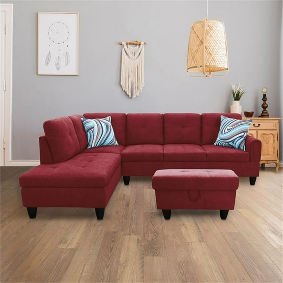 Pemberly Row Contemporary 3PC Sectional Sofa with Ottoman (Red)