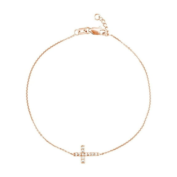925 Sterling Silver Rose Plated Side-ways Adjustable Mini Cubic Zirconia Religious Faith Cross Bracelet- 7.50 Inch Link