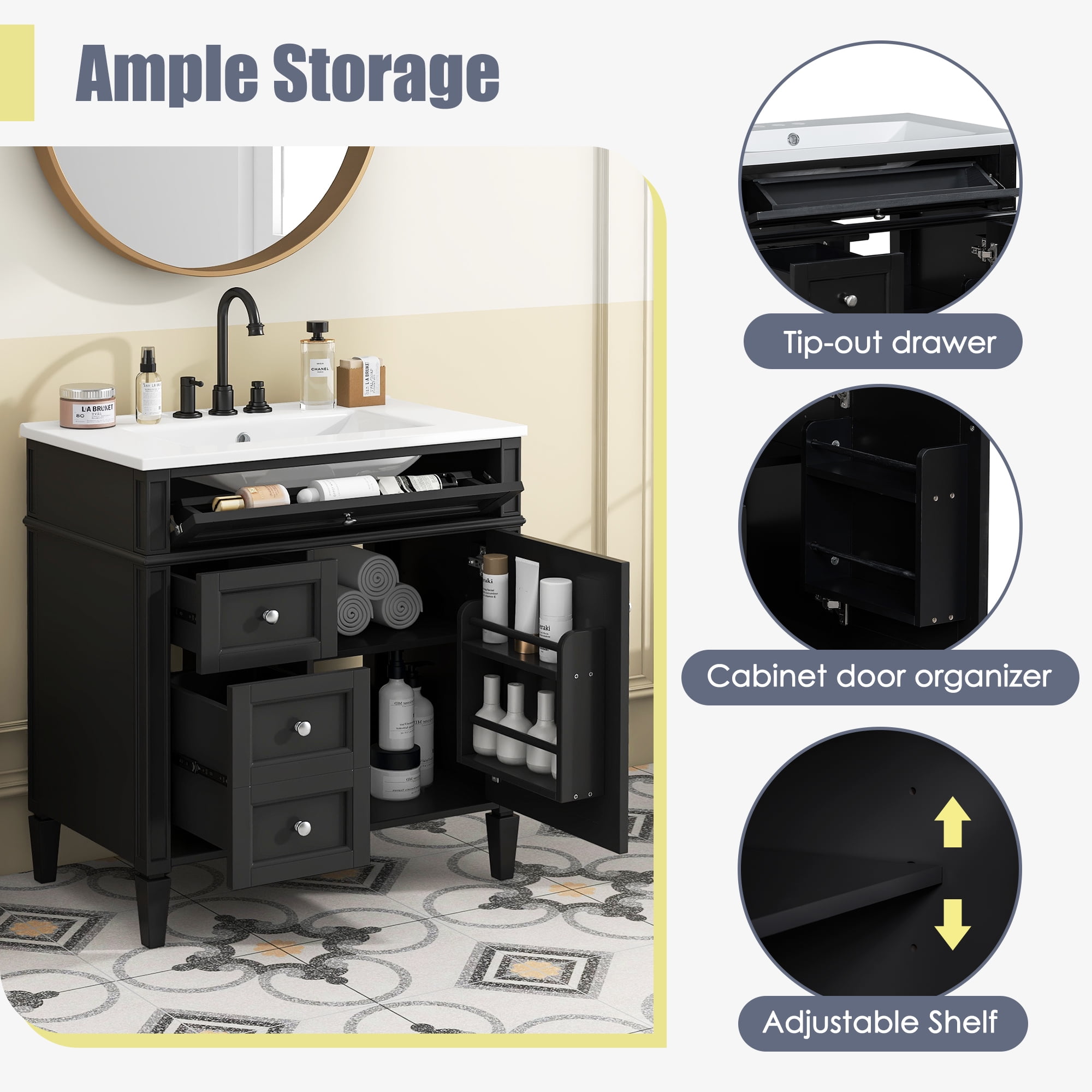 30'' Bathroom Vanity with Top Sink, Modern Bathroom Storage Cabinet with 2 Drawers and a Tip-out Drawer, Single Sink Bathroom Vanity