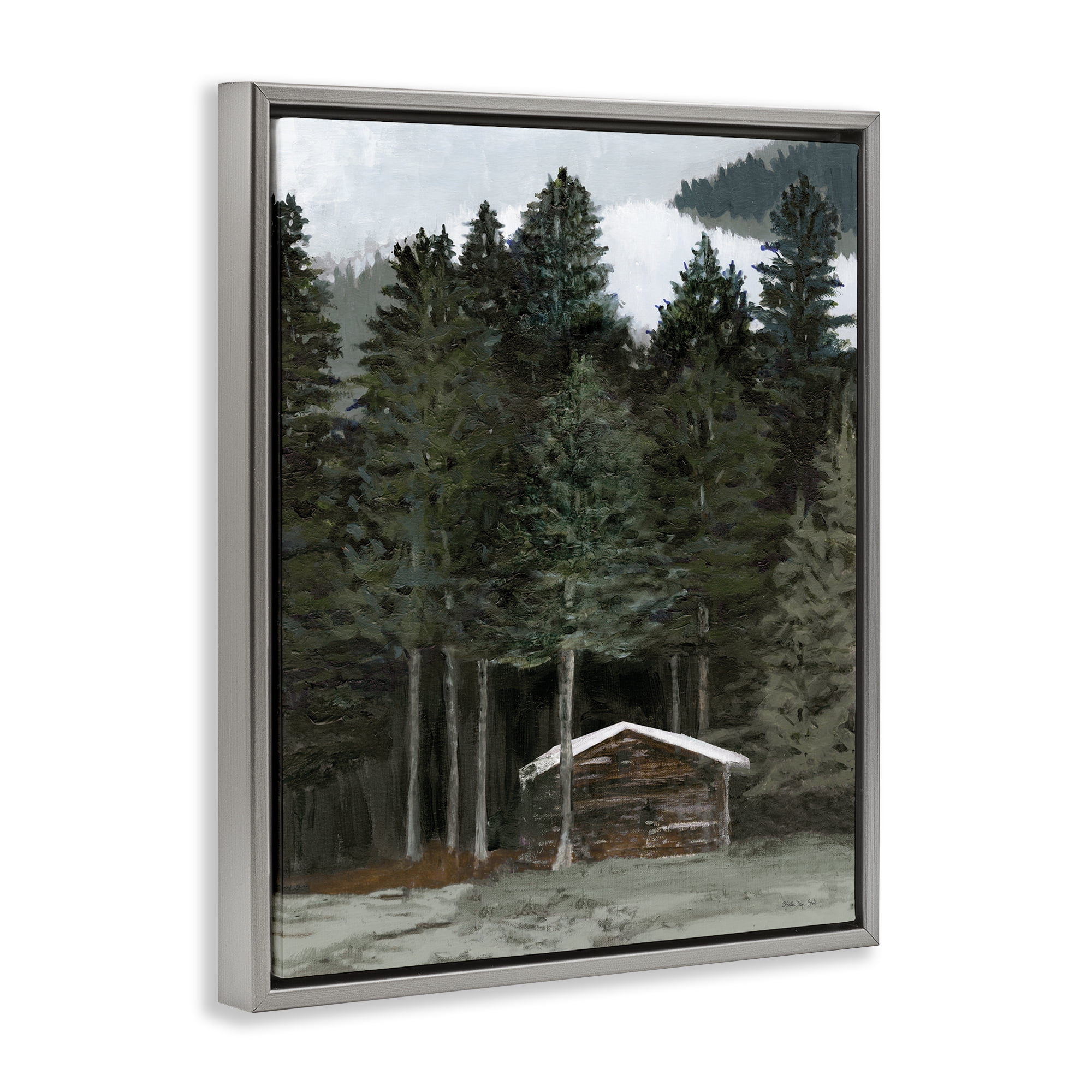 Stupell Industries Log Cabin Forest Thicket Landscape & Nature Painting Gray Floater Framed Canvas Art Print Wall Art, 25 x 31