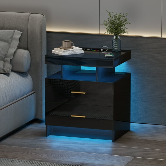VKCC 2 Drawers Smart LED Nightstand with RGB Lighting, Modern Bedside Table with Charging Station for Small Space, Black
