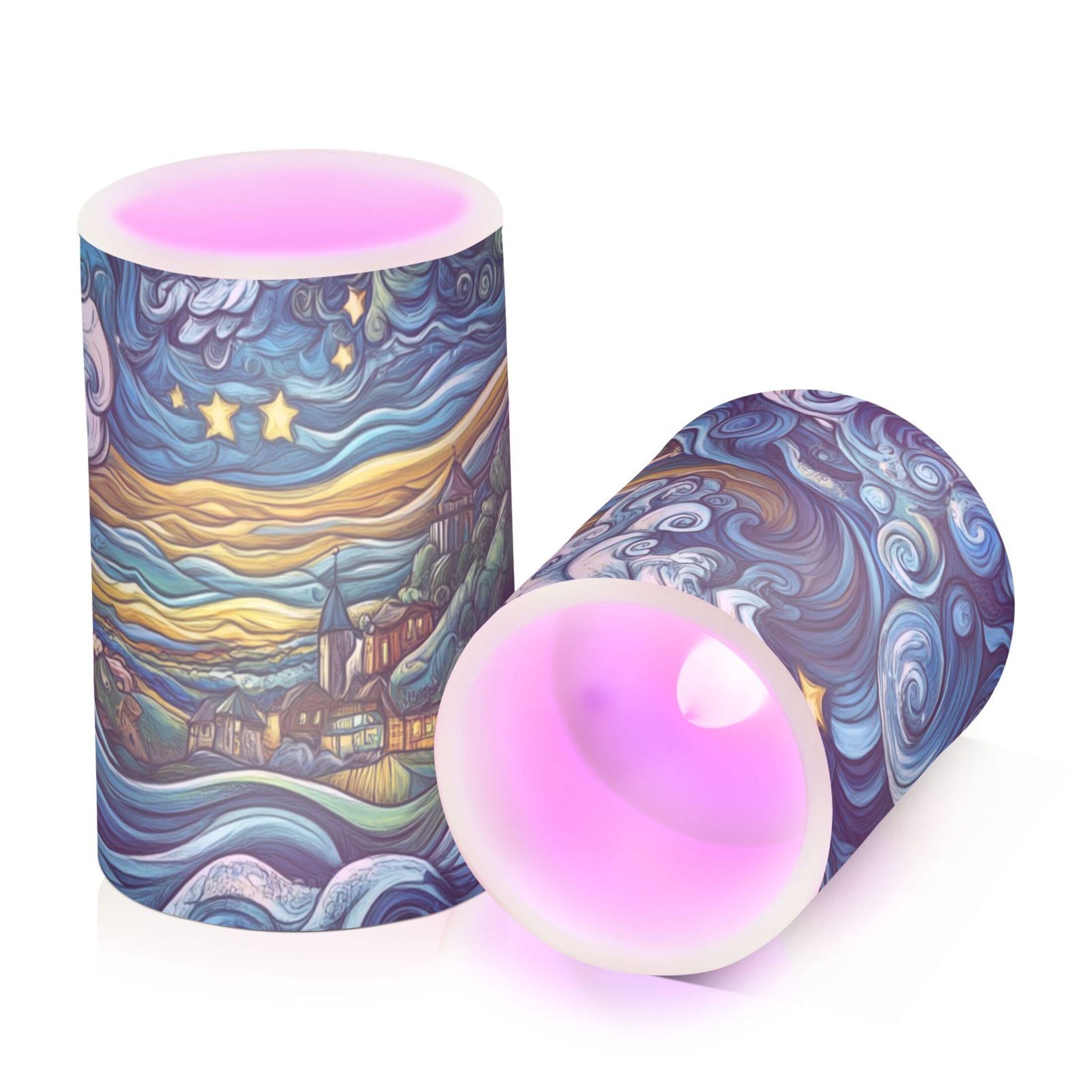 Swirling Waves and Stars Flickering Flameless Candles Battery Operated with Remote Timer LED Pillar Candles Set of 2