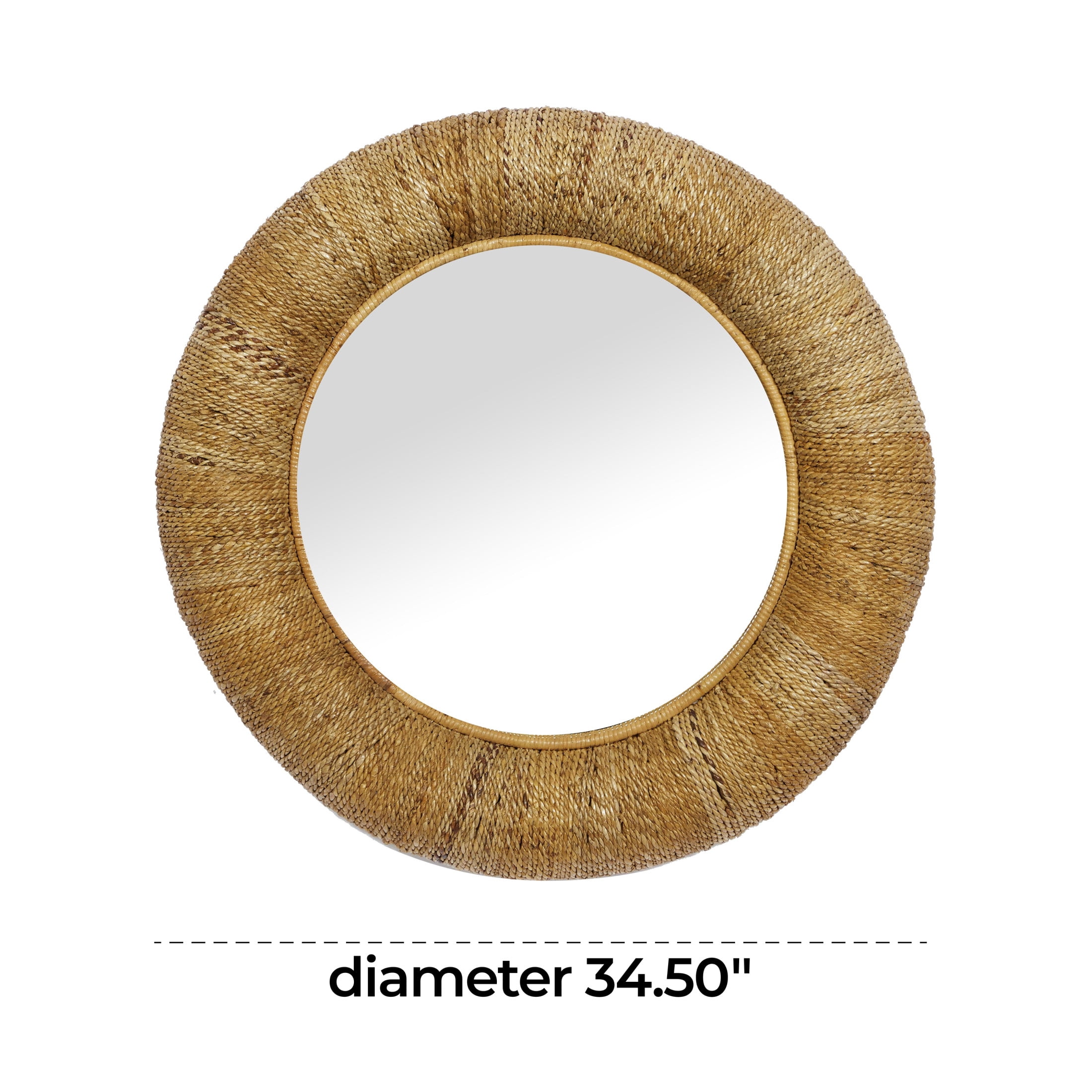 DecMode Coastal Brown Weaved Rattan Round Wall Mirror, 35"D