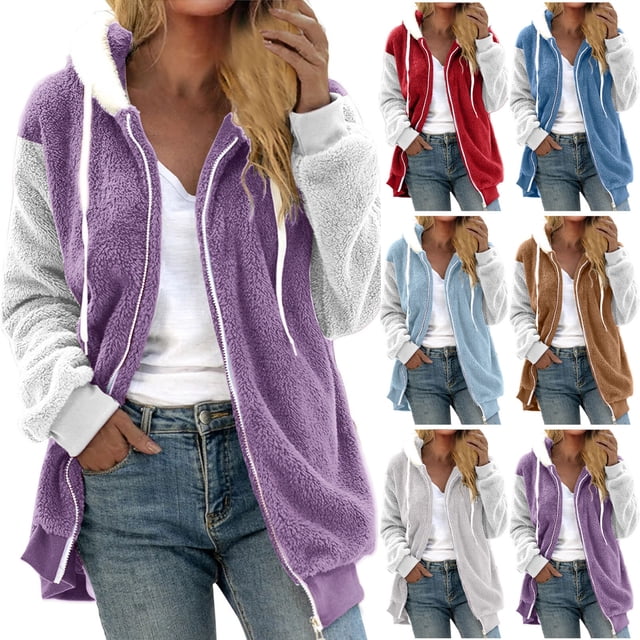 Meichang Womens Fuzzy Fleece Jackets Color Block Hooded Zip Up Jacket Long Sleeve Drawstring Winter Coats Lightweight Soft Warm Outwear