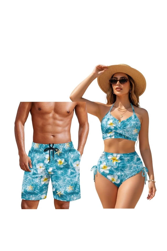 Flower Matching Couples Swimsuits Two Piece Swimsuits for Women Criss Cross Tie Back Bathing Suit & Mens Swim Trunks Hawaii Beach Shorts, Drawstring Closure