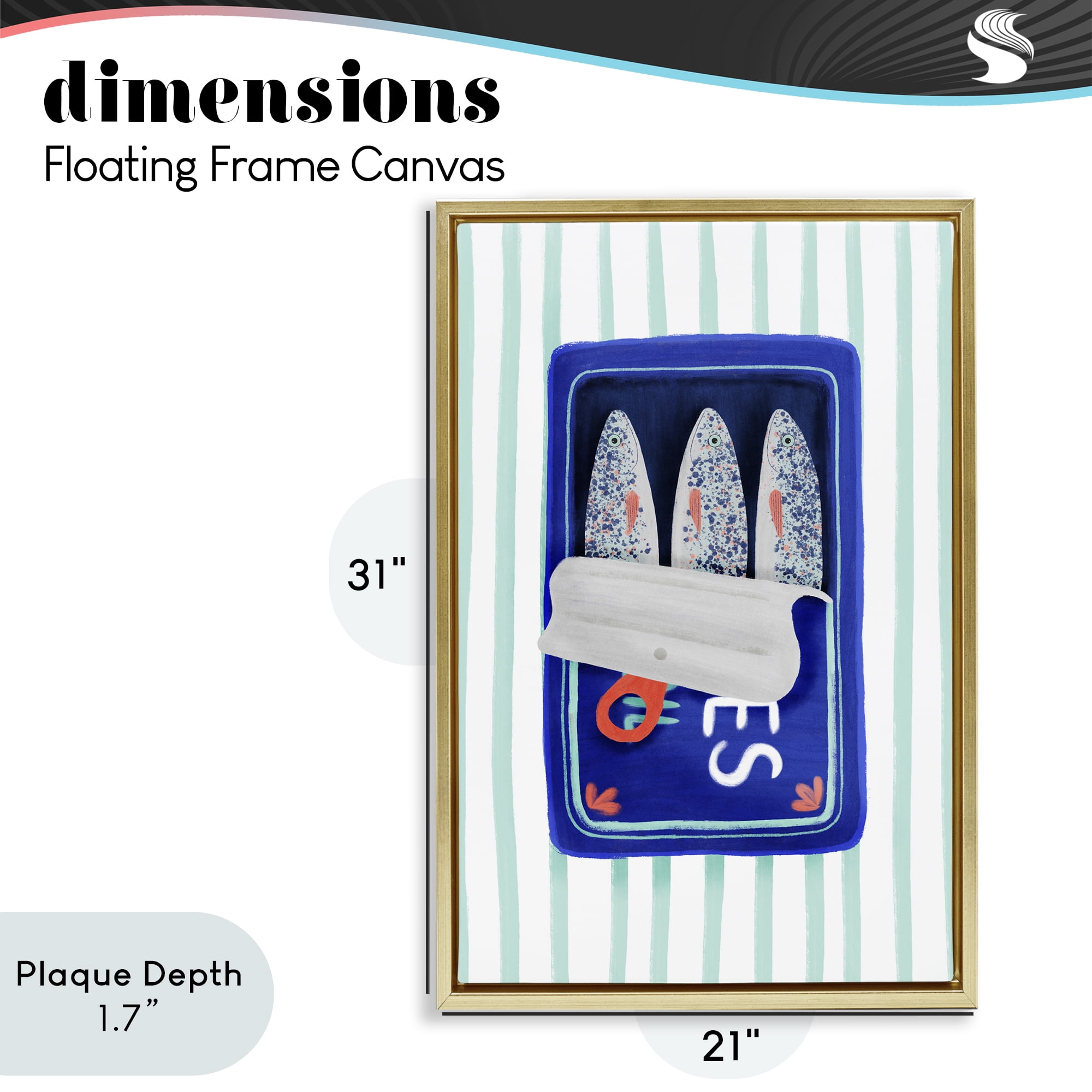 Stupell Industries Blue Sardines on Stripes Gold Framed Floater Canvas Wall Art, design by Metka Hiti
