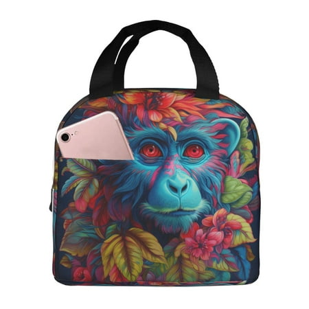 Insulated Lunch Bag for Women Men - Tribal Style Flower Blue Monkey Leakproof Cooler Lunch Box for Women Men  Lunch Tote Bags for Work School Picnic Travel