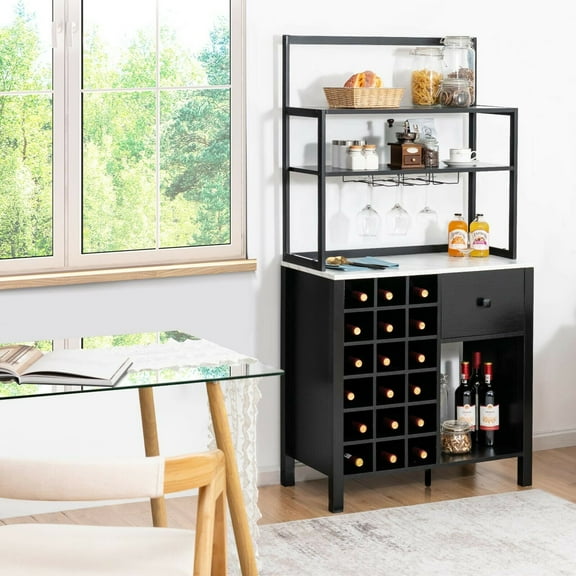 Gymax Black Kitchen Bakers Rack Freestanding Wine Rack Table w/ Glass Holder & Drawer
