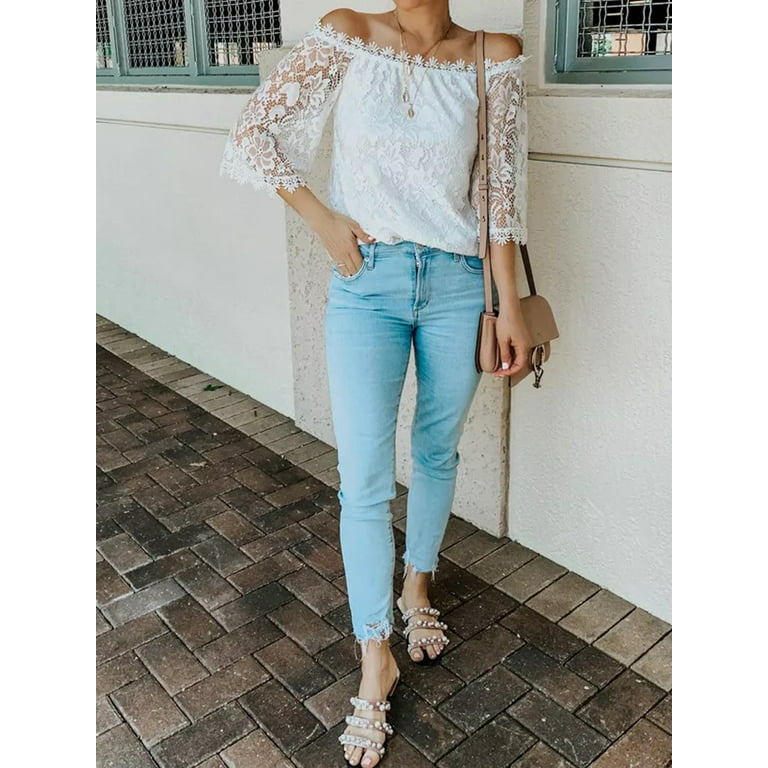 Women's Off Shoulder Lace Tops Casual Loose Blouse 3/4 Sleeve