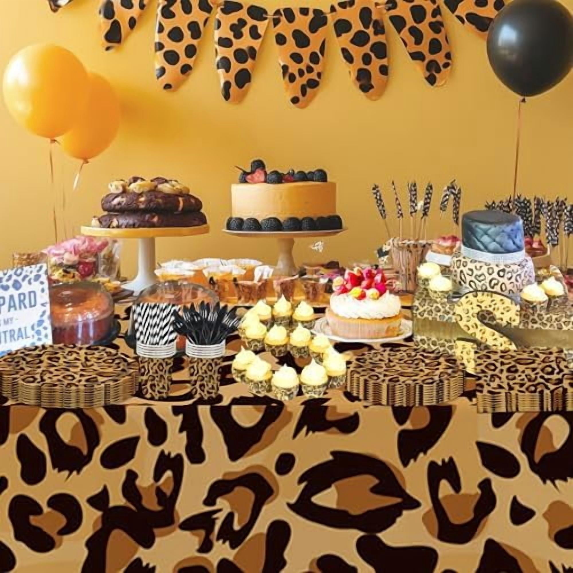 Leopard Print Party Supplies - Cheetah Print Party Decorations Tableware, Plate, Cup, Napkin, Tablecloth, Cutlery, Safari Animal Leopard Theme Birthday Baby Shower Party Supplies | Serve 24$$