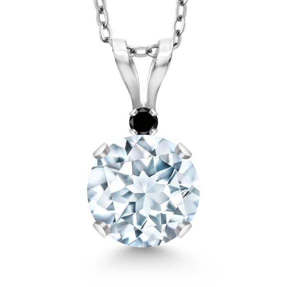 Gem Stone King 14K White Gold Sky Blue Aquamarine and Black Diamond Pendant Necklace for Women | 0.77 Cttw | Gemstone March Birthstone | Round 6MM | With 18 inch Silver Chain