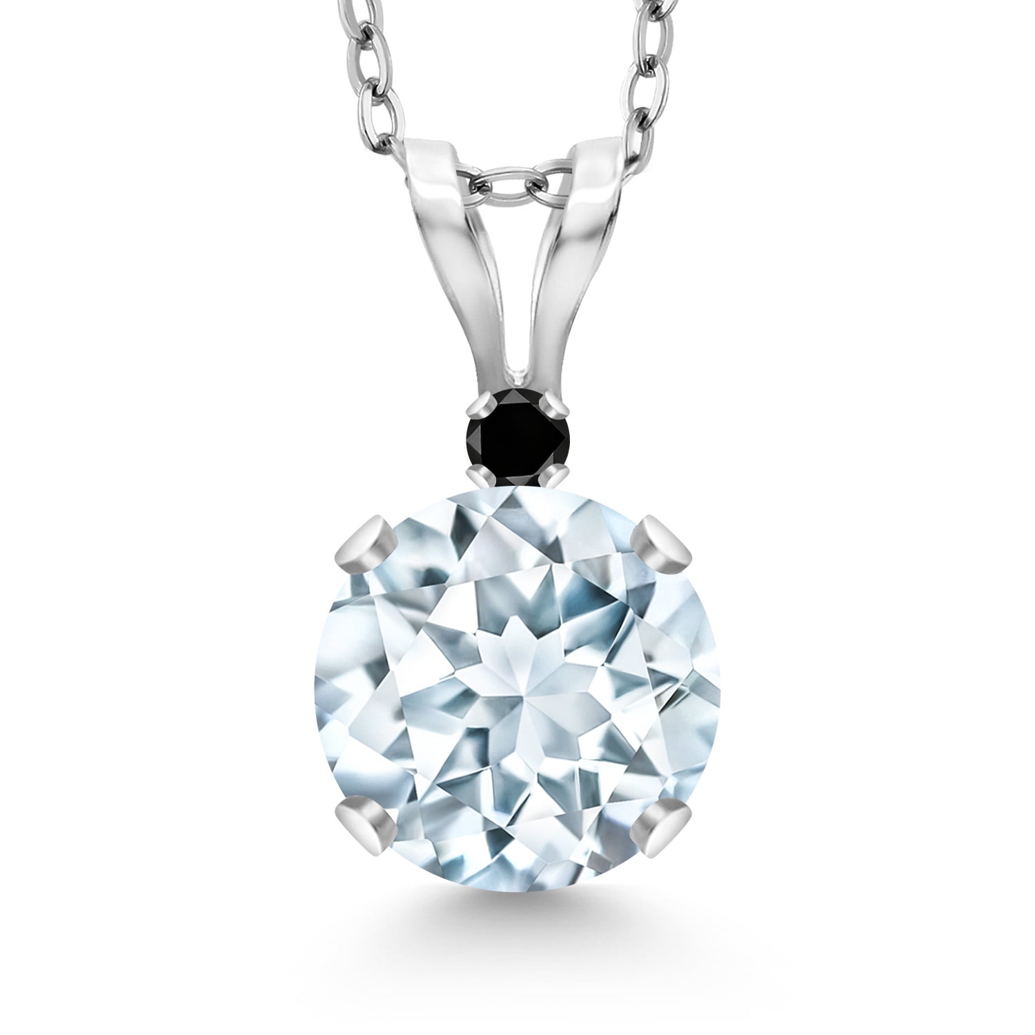 Gem Stone King 14K White Gold Sky Blue Aquamarine and Black Diamond Pendant Necklace for Women | 0.77 Cttw | Gemstone March Birthstone | Round 6MM | With 18 inch Silver Chain