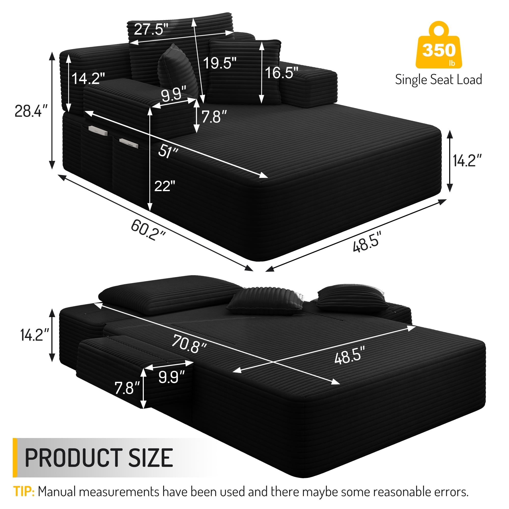 Aukfa Chaise Lounge Chair Indoor, Oversized Corduroy Boneless Sleeper Sofa Bed with Storage Pockets, Adjustable Backrest&3 Pillows, Reading Couch for Living Room Apartment, Black