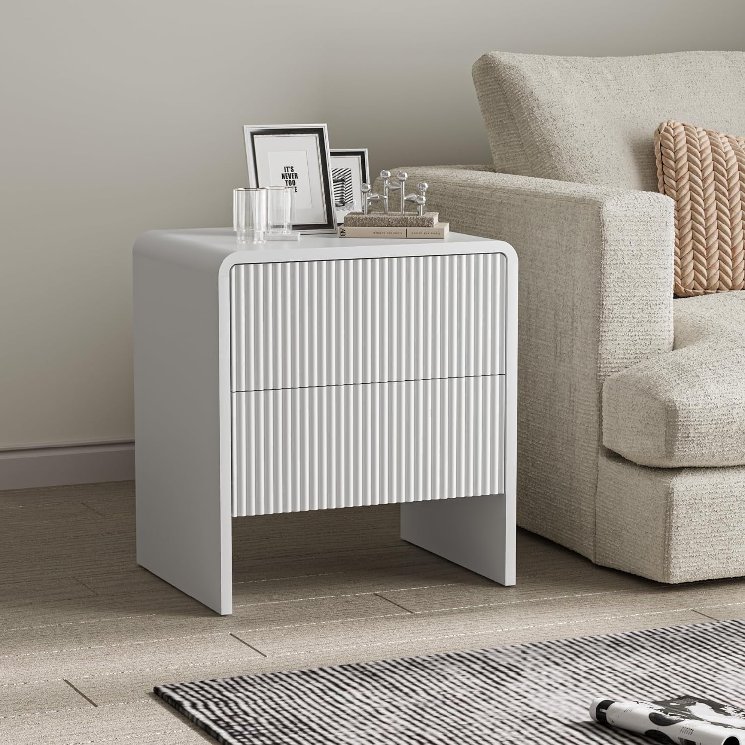 FURNIWAY Set of 2 Curved Nightstand with 2 Drawers, Wooden Bedside Table with Pop-up Design, Modern End Table for Bedroom, Living Room, White