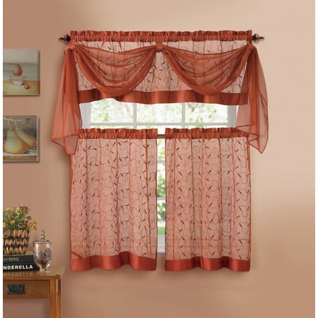 Embroidered Voile Curtains Cinnamon Embroidered Kitchen Window Curtain Set- 1 Valance with Voile Scarf, 2 Tiers ()