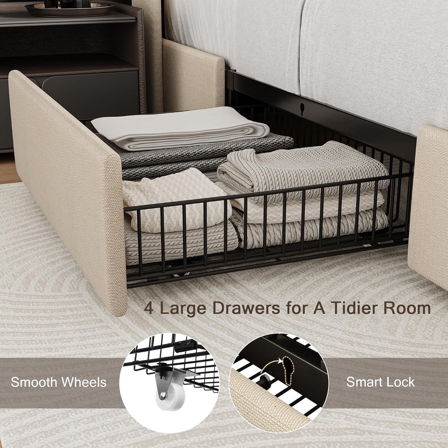 iPormis Queen Size Bed Frame with Charging Station , Upholstered Bed with 4 Storage Drawers,Beige