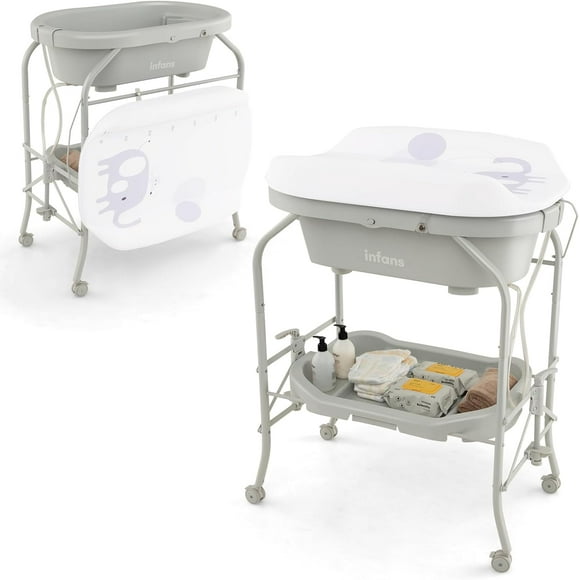 INFANS Table à Langer pour Bébé avec Baignoire, Station de Commode à Couches Pliable avec Roues de Soutien de Bain Amovibles, Support de Rangement Imperméable pour Matelas, Support d'Organisateur Portable pour Nouveau-Né Nourrisson