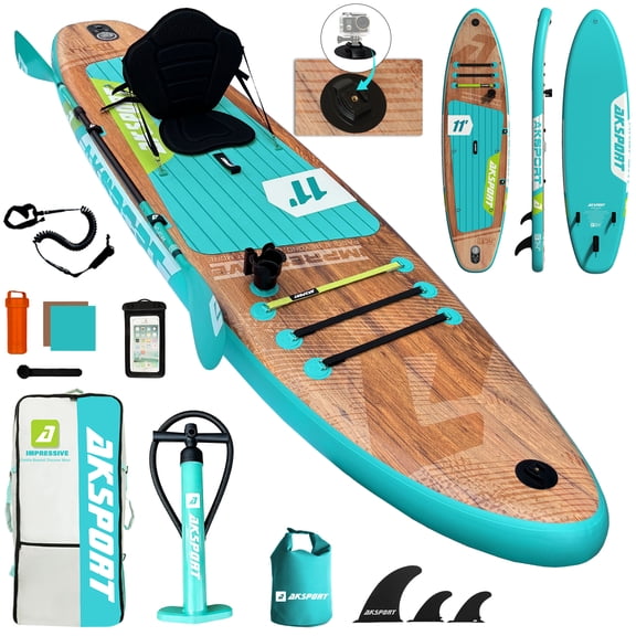 11 ft Inflatable Stand Up Paddle Board with Accessories Kit, 34 in Wide Non-Slip SUP Board with Adjustable Paddle, Kayak Seat, Removable Fins and Backpack for Adults and Youth