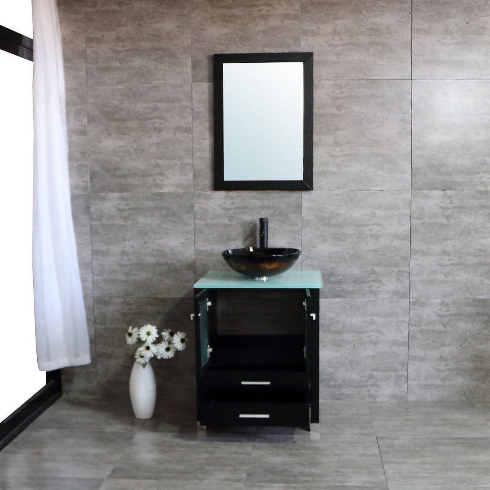Walsport 24" Luxurious Wood Bathroom Vanity Cabinet Round Tempered Glass Vessel Sink Bowl ORB Faucet Drain Combo Design with Mirror Modern Vanities Set,Black