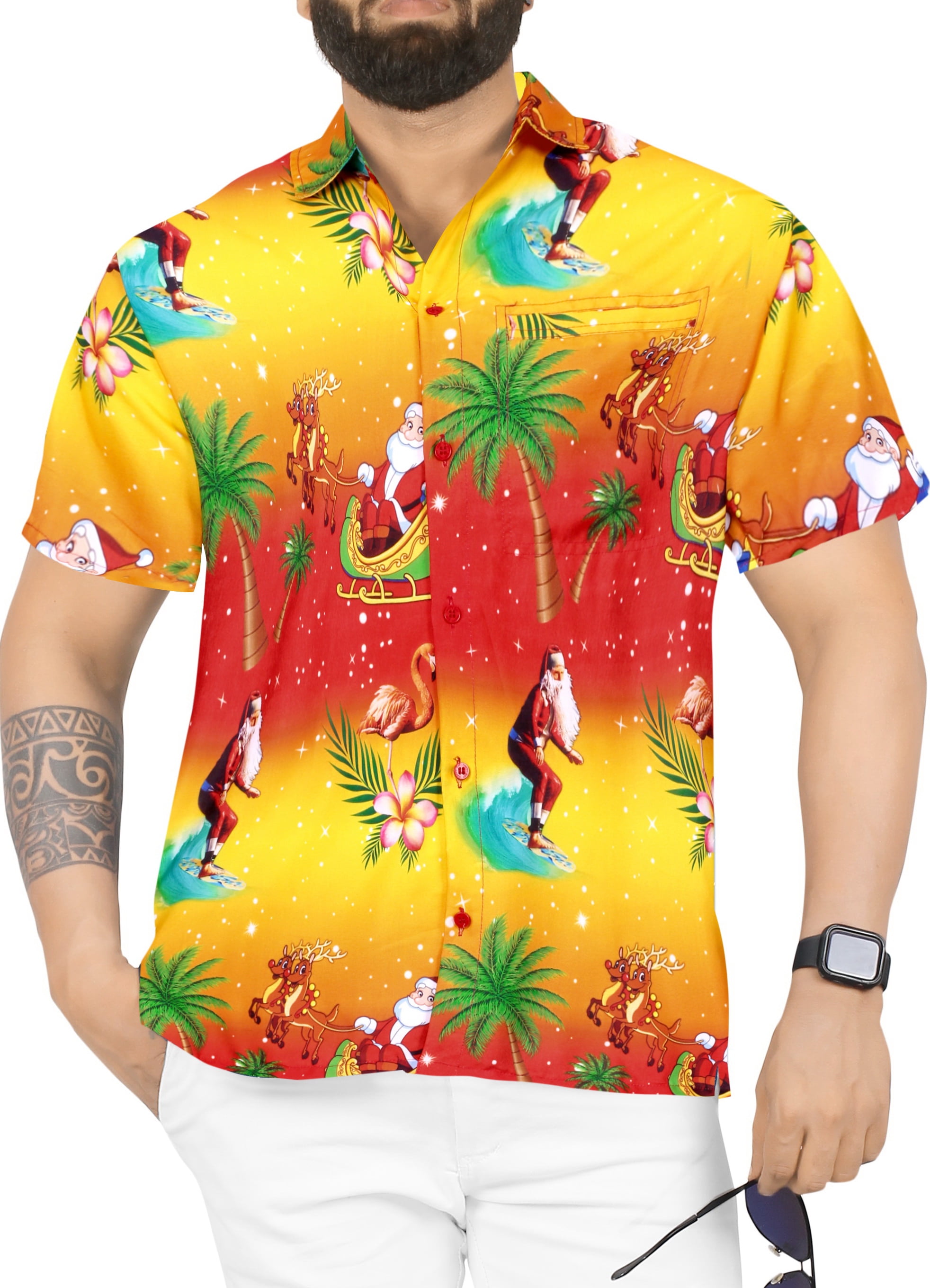 HAPPY BAY Mens Tropical Camp Hawaiian Shirt Front Pocket Shirt Dress 3D Printed 
