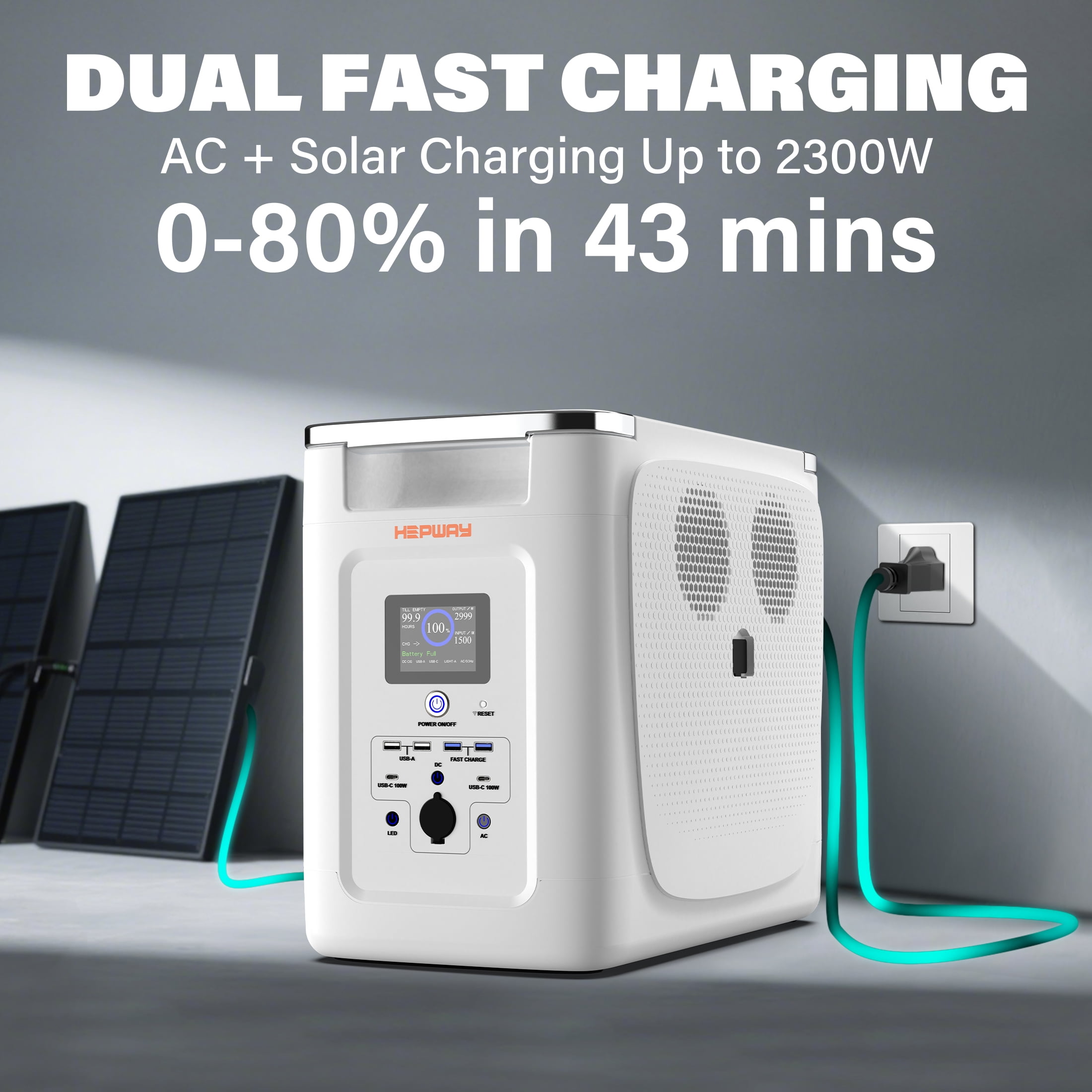 HEPWAY Portable Power Station,2000W 2048Wh LFP Battery 3000+ Cycle to 80%, Expandable Up To 32,768Wh with X-Boost 3600W, Full Charge in 1.3Hr, 2400W Solar Generator for Home UPS Backup RV Camping