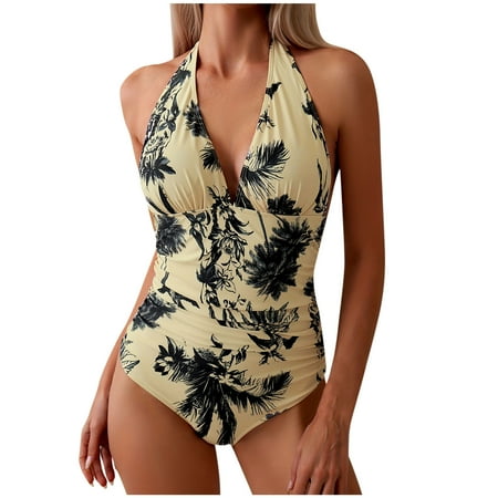 Beige Women Sleeveless Tankini Swimsuit Bikini Tankini for Women Deep V Neck Backless Halter Beach Dressy Sexy Low Cut Hawaiian Pregnant High Waisted Tankini 2025 M