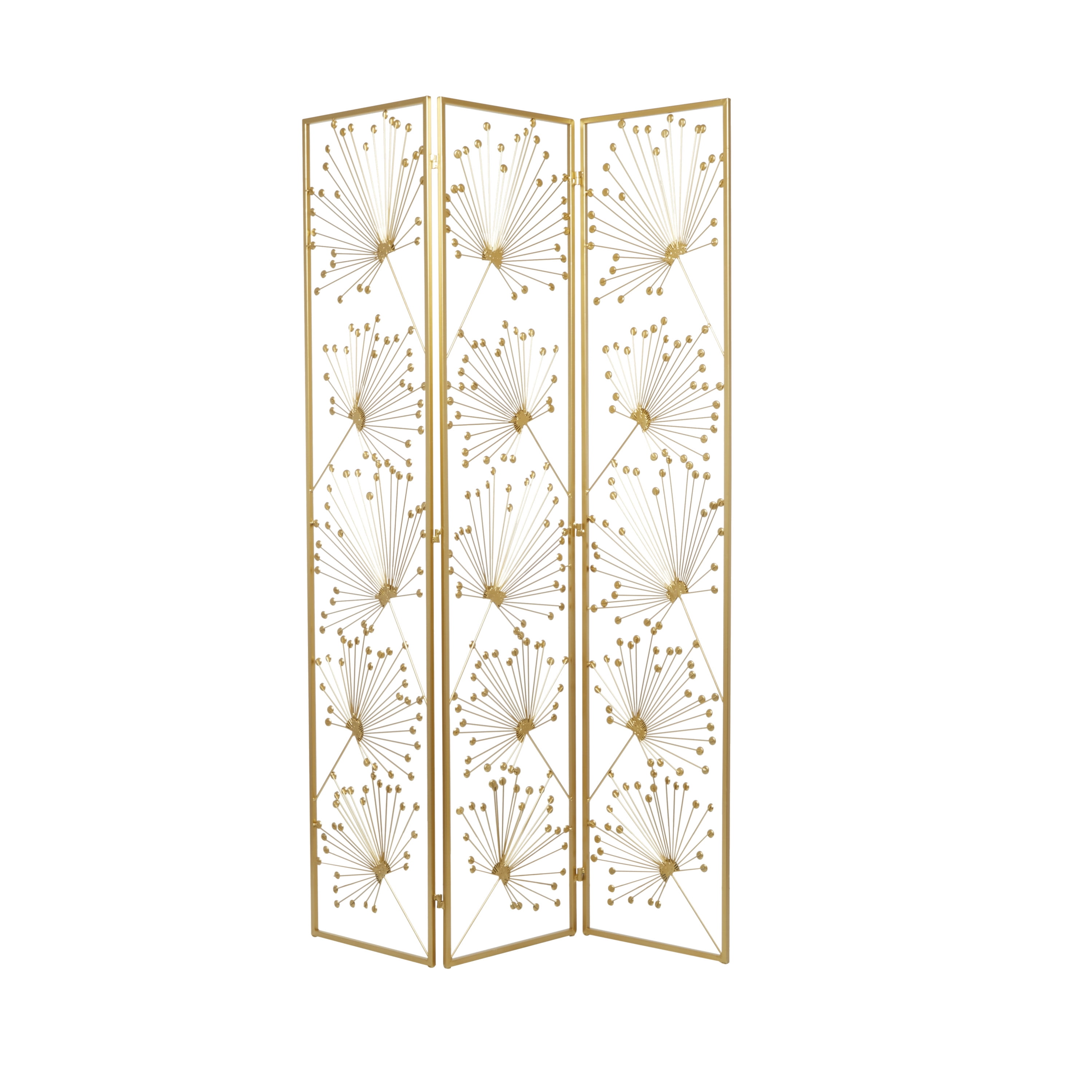 DecMode 46" x 71" Gold Metal Floral Hinged Foldable Partition 3 Panel Room Divider Screen with Crystal Embellishments, 1-Piece