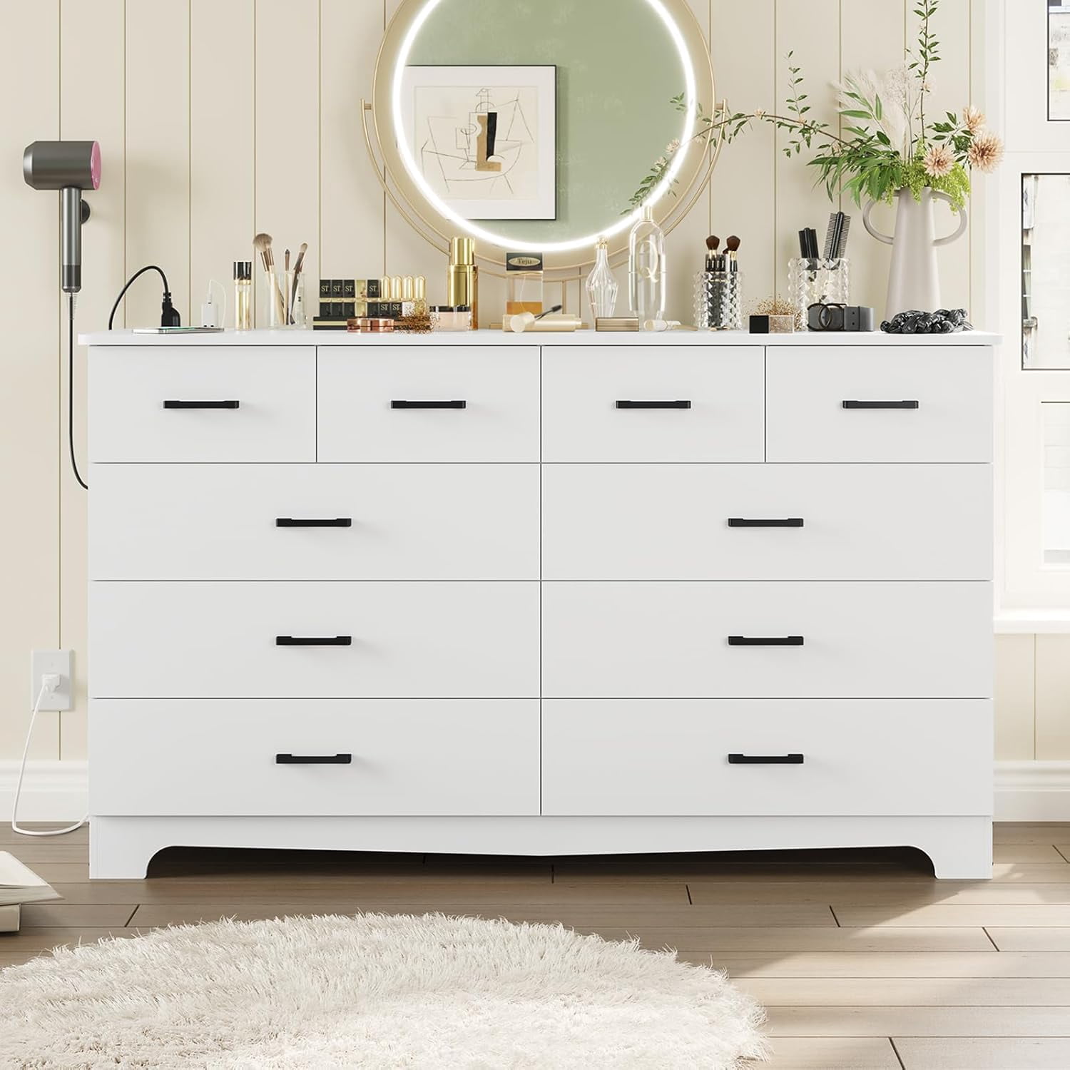 White Dresser for Bedroom 10 Drawers Dresser & Chest of Drawers with Power Outlets, Modern Wood Storage Cabinets & TV Stand for Living Room Hallway