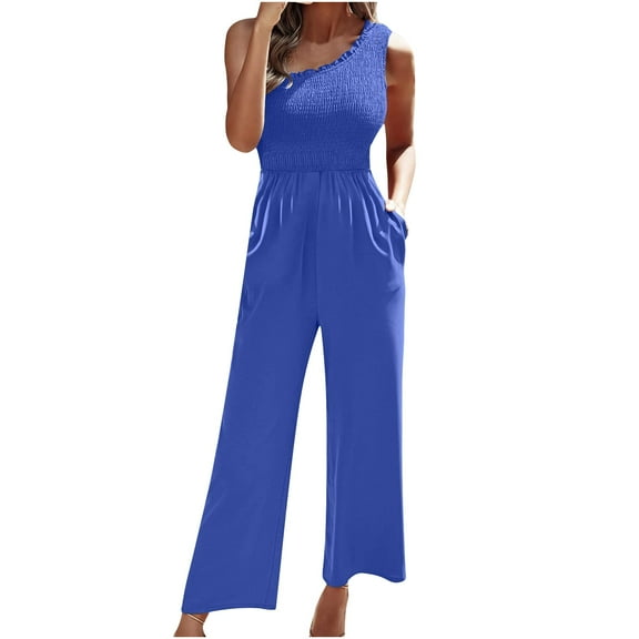 Ernkv Women's Jumpsuit Jumpsuit For Lady Wife Daughter Girlfriend Fashion Full Length Trousers Single Shoulder Strap Sleeveless Packets Solid Color Comfy Lounge Casual Blue XL