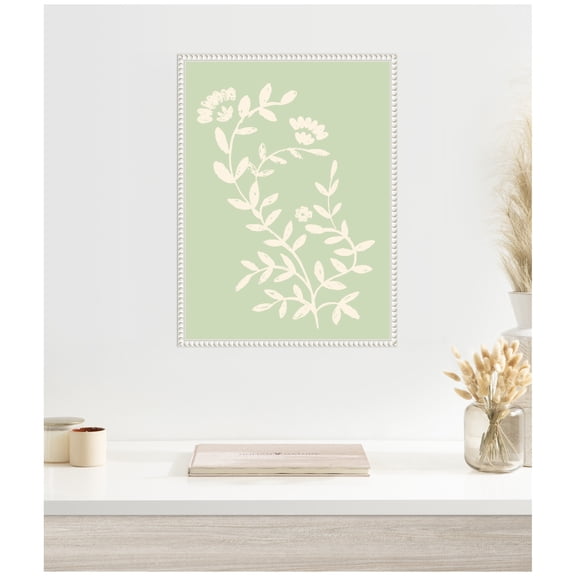 Kate and Laurel Framed Canvas Wall Art Print Country Chintz Botanical Pale Green by Vicky Yorke, 18 x 24 Sylvie Beaded White Frame, Modern Contemporary, Flower Art for Wall Decor