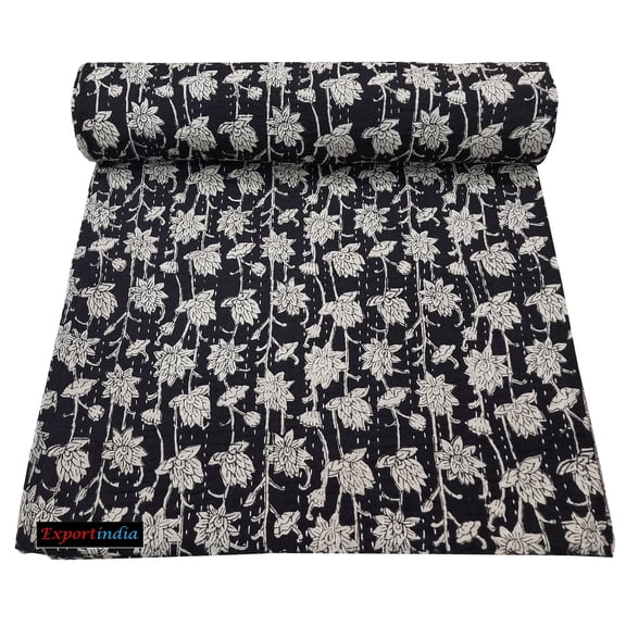 Indian Traditional Floral Print Kantha Quilt Pure Cotton Block Print Quilt Blanket Bedspreads Throw (King/Queen Size 90x108 inch)