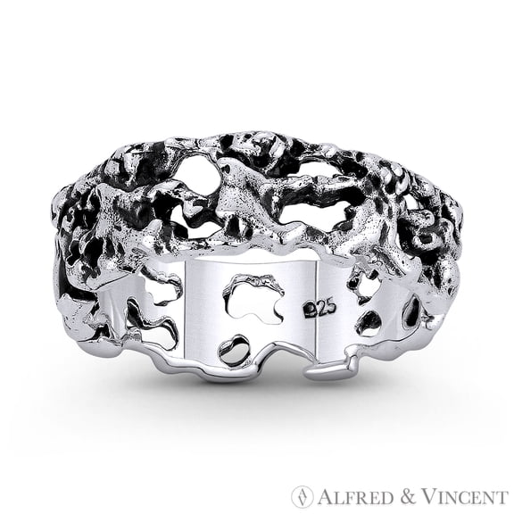 Teddy Bears Holding Hands Love & Affection Charm 6mm Band Eternity Ring in Oxidized .925 Sterling Silver